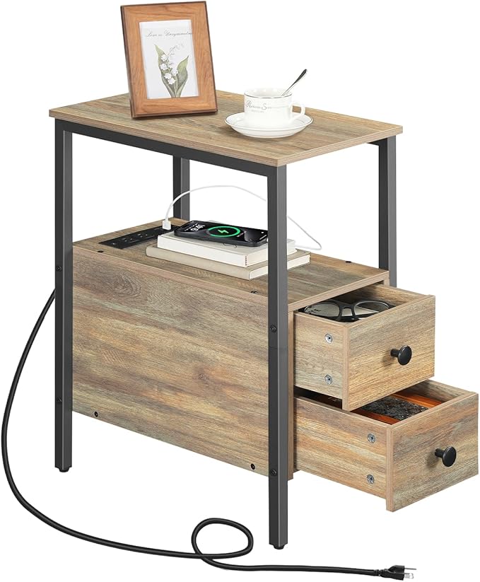 HOOBRO End Table with Charging Station, Narrow Side Table with 2 Drawer & USB - Image 9