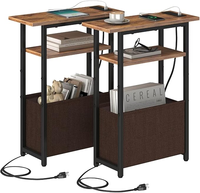 Narrow Side Table with Charging Station Set of 2, Small End Table by Unknown
