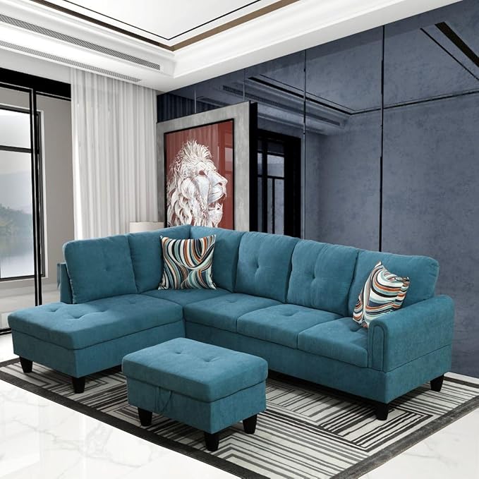 Green L-Shaped 3-Piece Flannel Sofa by Unknown