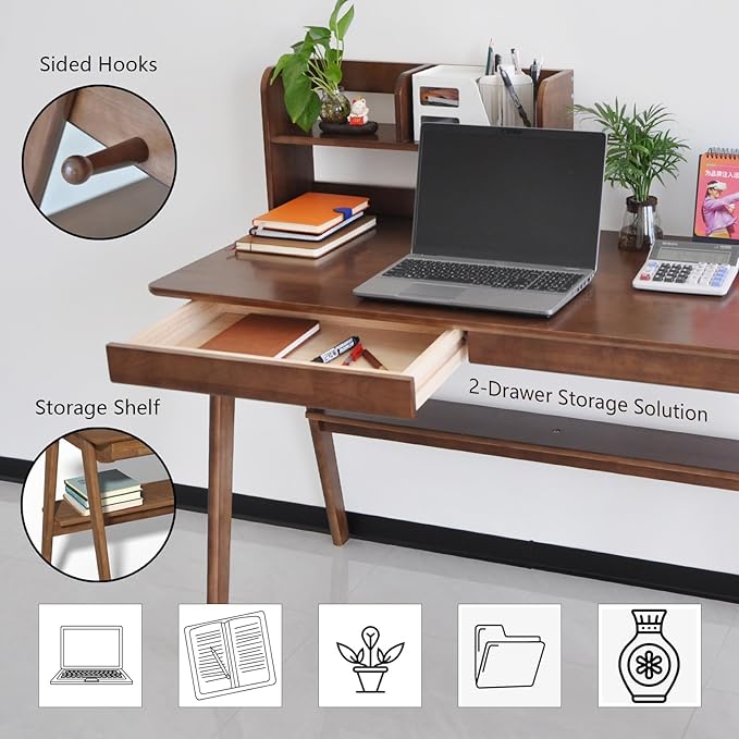 Oak Desk with Drawers, Solid Wood Desk with Bookshelf Small Computer Desk - Image 5