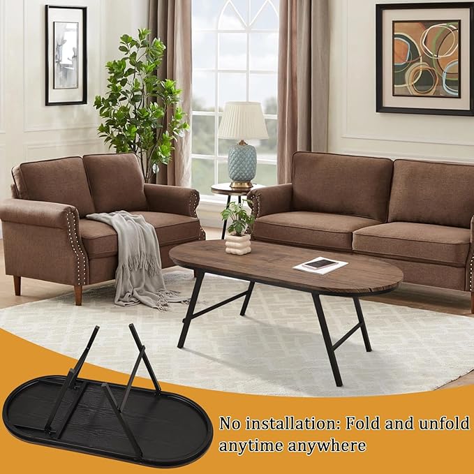 Folding Coffee Table for Small Spaces Wood and Metal Oval Coffee Table Portable - Image 3