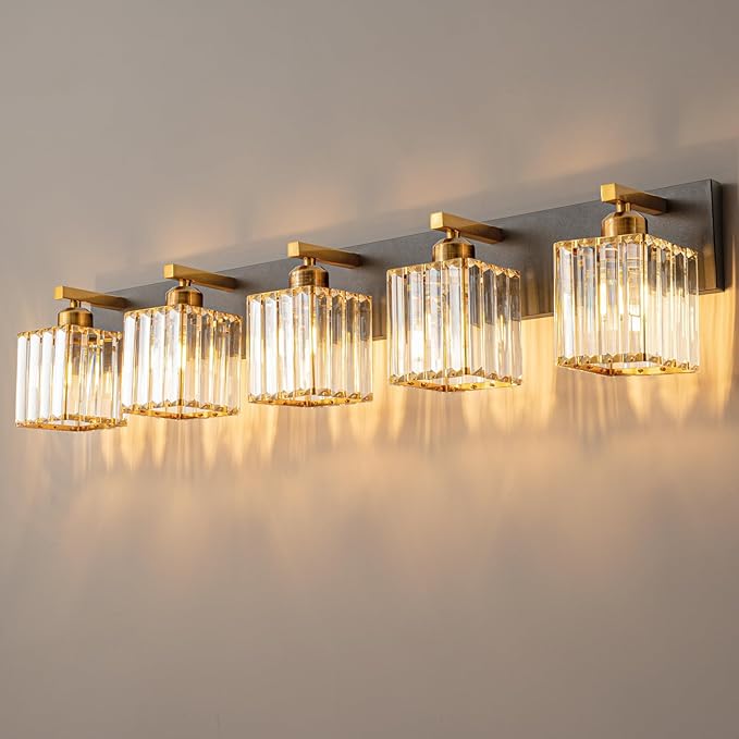 Modern Bathroom Vanity Light 5-Lights Black Gold Crystal Bathroom Wall Light by FDPBY