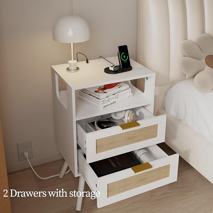 Rattan Nightstand with Charging Station, Farmhouse Bedside Table with 2 Storage - Image 5