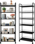 6-Tier Slim Storage Cart with Wheels, 10in Wide Black Narrow Rolling Shelf by RUOZTEOO