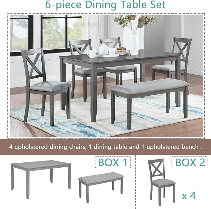 soges 6 Piece Kitchen Dining Set, Rectangular Wooden Dining Table - Image 2