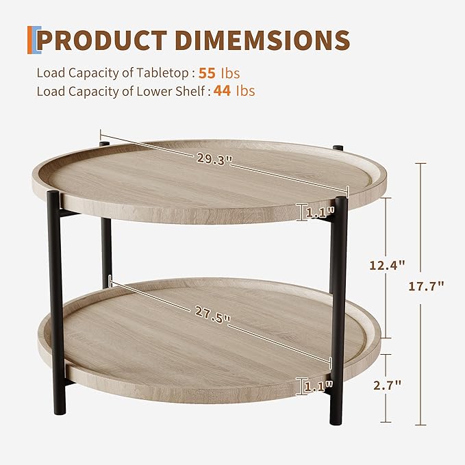 Round Coffee Table for Living Room, Rustic Wood Desktop Center Table - Image 2