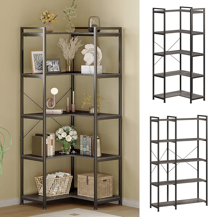 Tohomeor Bookshelf 5 Tier Deformable Corner Bookcase Free Standing Modern by Tohomeor