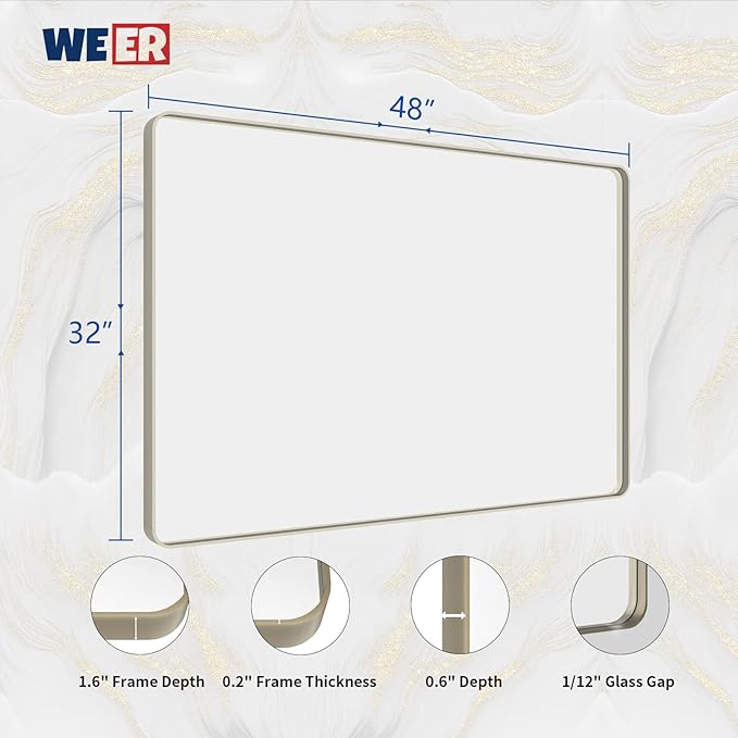 WEER 48X32 Inch Brushed Nickel Bathroom Mirror, Brushed Silver Metal Frame - Image 6