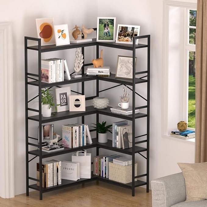 Black Corner Bookshelf, 5 Tiers Corner Bookcase - Image 5