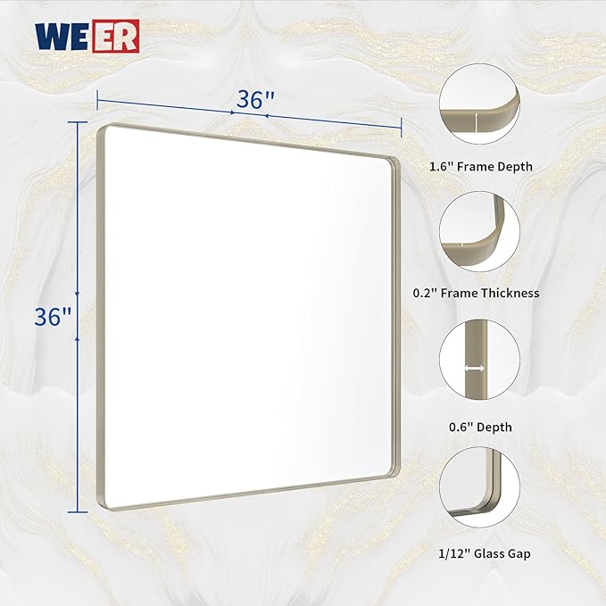 WEER 36X36 Inch Brushed Nickel Bathroom Mirror, Brushed Silver Metal Frame - Image 6