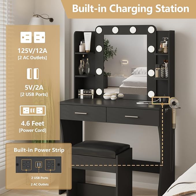 Vabches Vanity Desk with Lights, Makeup Vanity with Power Strip, Dressing Table - Image 4