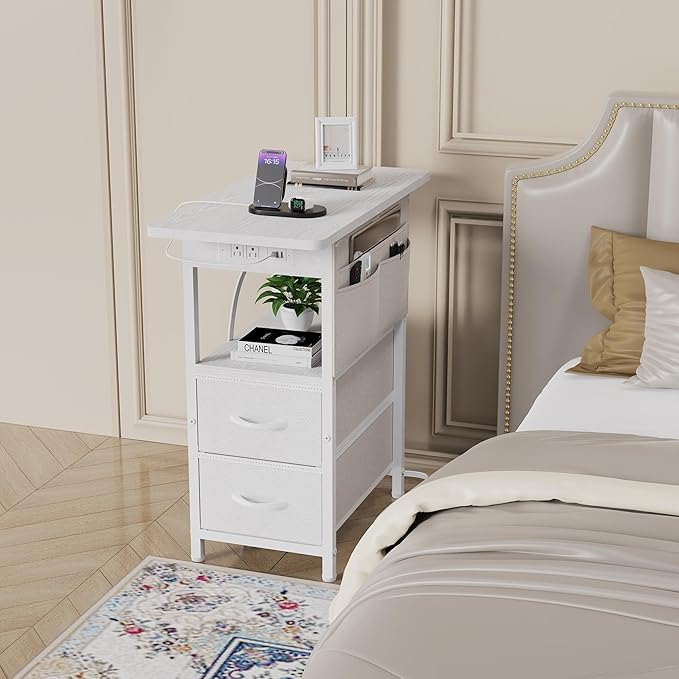 Small Side Table with Charging Station, Narrow Nightstand Bedside Tables with - Image 2