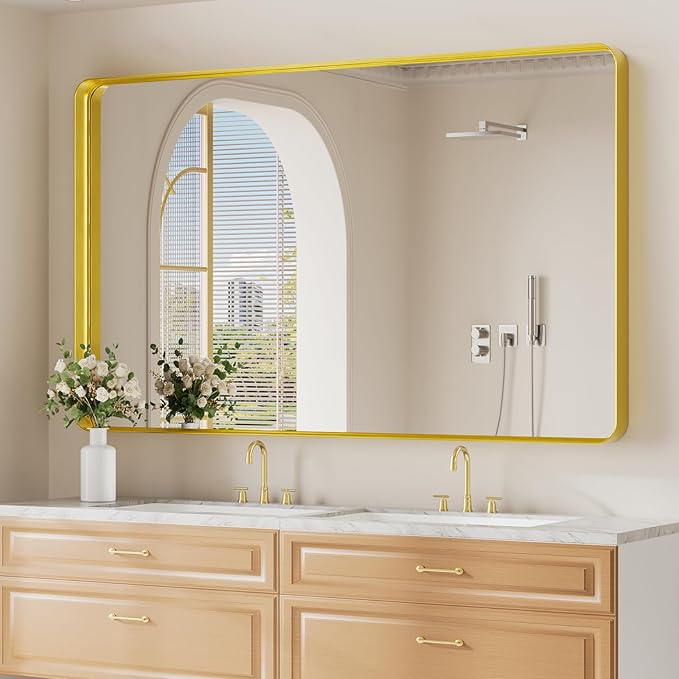 Koonmi Gold Wall Mirror for Bathroom, 36x60 Inch Matte Deep Framed Rounded by KOONMI