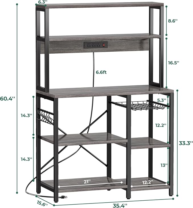 SUPERJARE Bakers Rack with Power Outlet, 35.4 Inches Coffee Bar with Wire Basket - Image 3