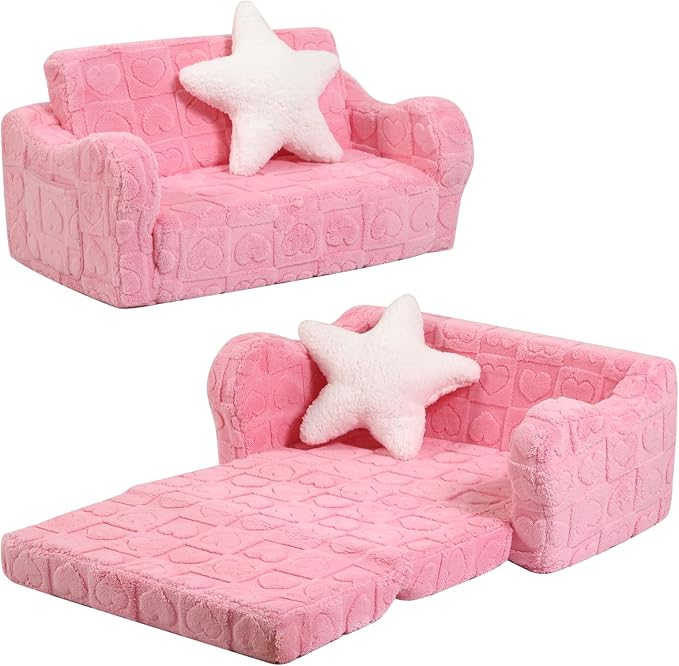 Extra Wider Seating Toddler Couch, 2-in-1 Toddler Soft Couch Fold Out by MOMCAYWEX