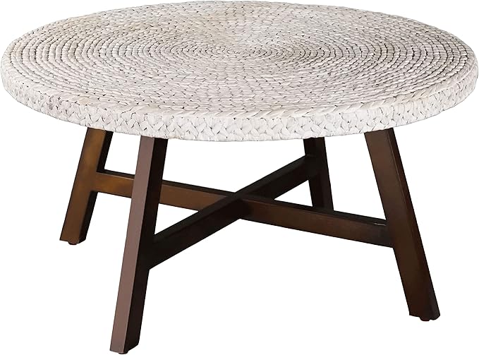 Round Coffee Table, RANDEFURN Seagrass Coffee Tables, Pine Wood X Base Frame - Image 4