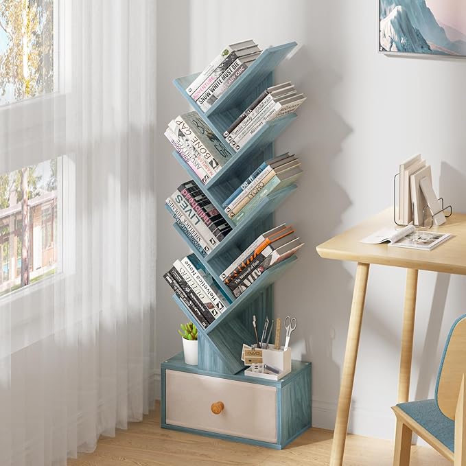 8 Tier Tree Bookshelf with Drawer, Free Standing Wood Bookcase - Image 2