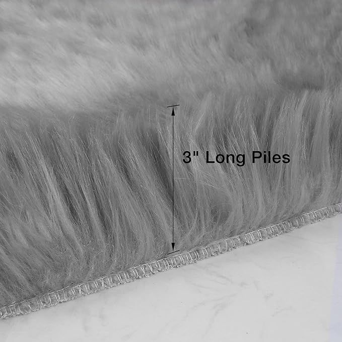 duduta Grey Faux Sheepskin Round Rug 4x4 ft, Fluffy Shag Fur Bedroom Nursery - Image 2