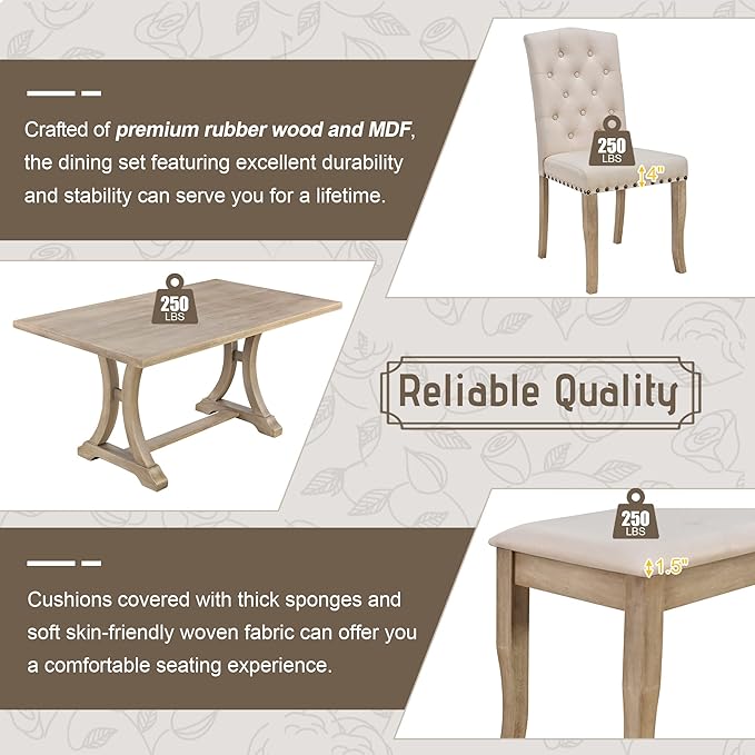 Ball & Cast Dining Table Set for 6, 6-Piece Farmhouse Dining Furniture Set - Image 6
