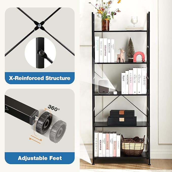 DUMOS 5 Tiers Bookshelf, Classical Book Shelf, Tall Display Shelves in Living - Image 5