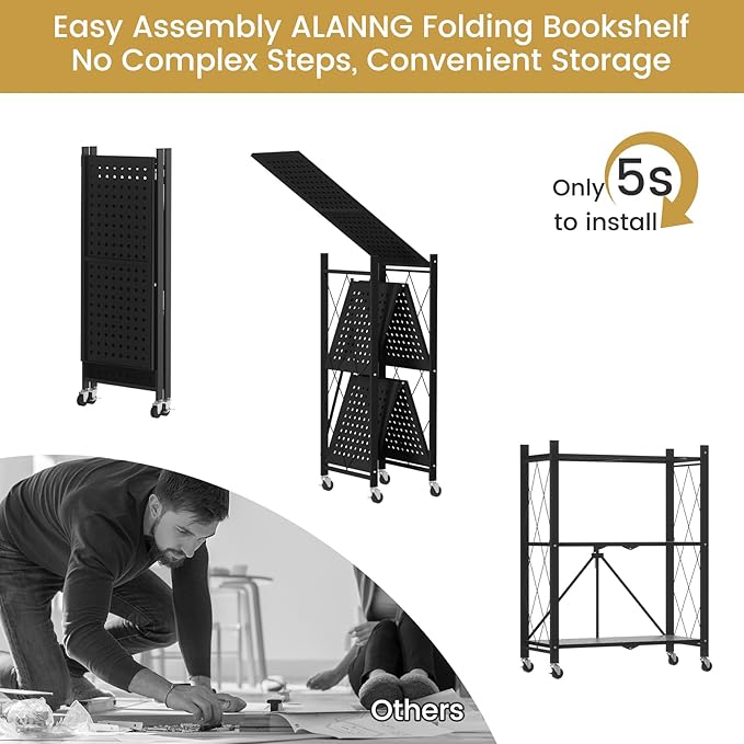ALANNG Storage Shelves with Wheels, Bookshelf with Storage, No Assembly Metal - Image 6