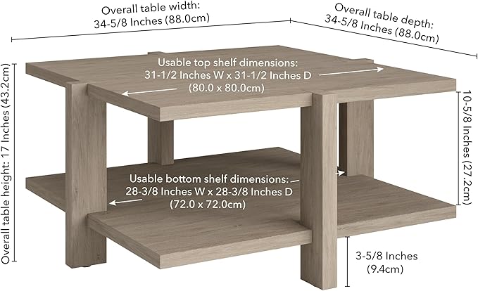 Henn&Hart 35" Wide Square Coffee Table in Antiqued Gray Oak, - Image 3