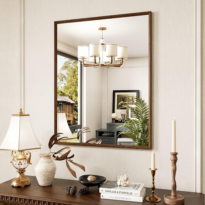 Rectangle Walnut Bathroom Mirror 28x36 Inch, Anti-Rust 4MM Tempered Glass - Image 2