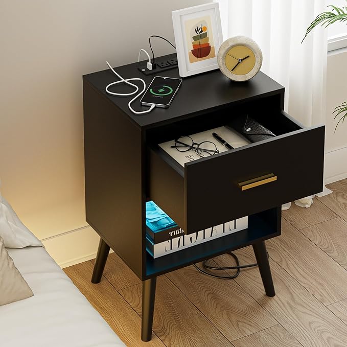 Nightstand with Charging Station and LED Lights, Small Side Table, Bedside - Image 7