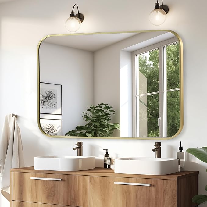 Brushed Gold Mirror, Metal Frame Rectangle Corner Vanity Mirror, Wall Mounted - Image 2