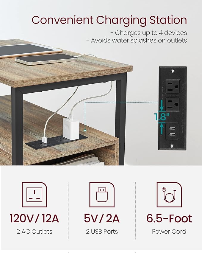 VASAGLE Side Table with Charging Station, Narrow End Table with 2 Drawers - Image 4