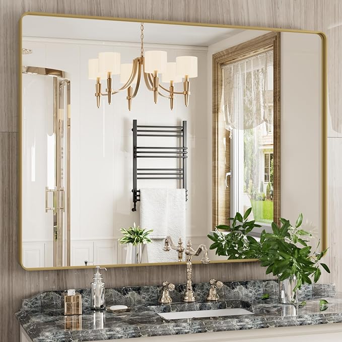 Gold Bathroom Mirror, 48x36 Inch Brushed Gold Metal Frame Mirror by JISOSO