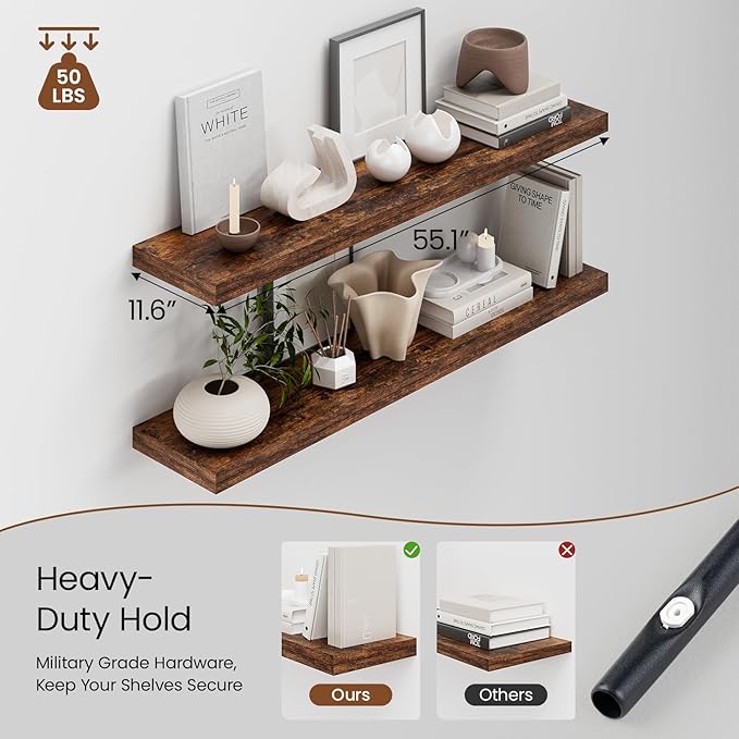 Heimlove 12 Inch Deep Floating Shelves, 55 x 12 inch Extra Long Floating Shelves - Image 4