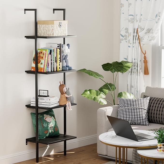 Ladder Shelf 4 Tiers Metal Industrial Bookshelf, Wall Mount Wide Book Case - Image 5