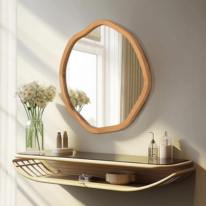 ULIKE Round Wood Mirror, 30 Inch Asymmetrical Circle Vanity Mirror - Image 3