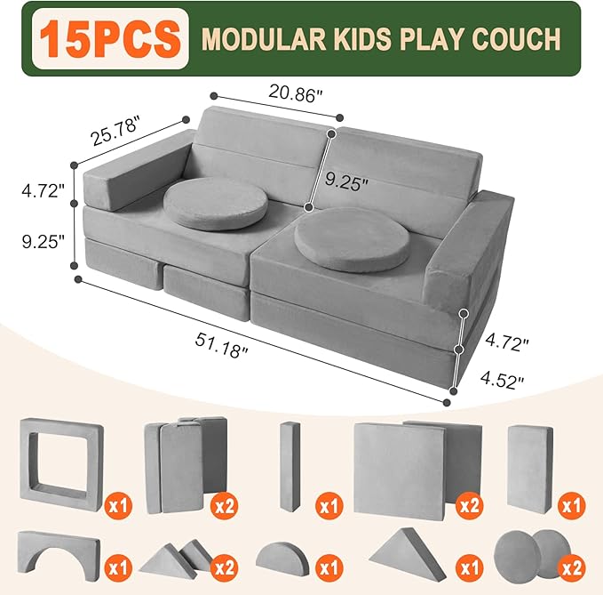 Modular Kids Play Couch 15PCS, Convertible Toddler Floor Sofa Set, Foam Play - Image 3
