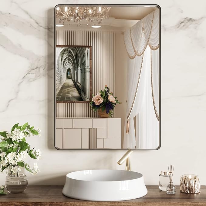 WEER Black Bathroom Mirror 22X30 Inch, Rounded Rectangle Matte Black Bathroom - Image 2