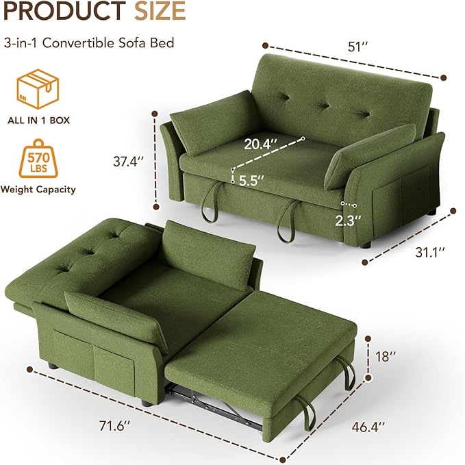 Vipbear 3-in-1 Chenille Convertible Sofa Bed, Pull Out Sleeper Sofa - Image 2