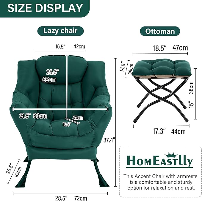 Lazy Chair with Ottoman, Large Modern Lounge Accent Chair with Armrests and - Image 2