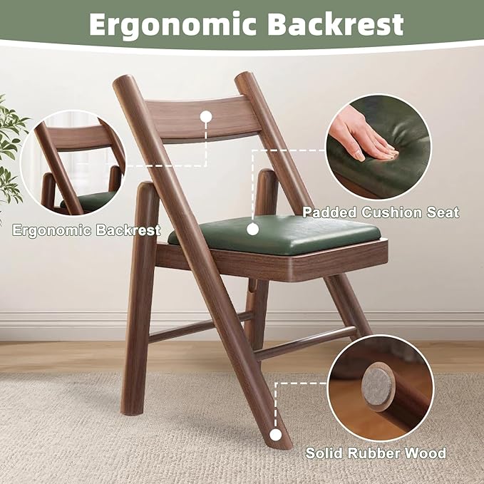 Folding Chairs with Cushion, Solid Wood Padded Foldable Chair, Folding Dinings - Image 4