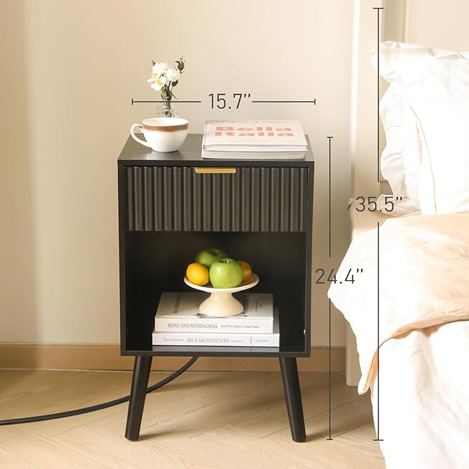 Fluted Black Nightstand with Charging Station, Mid Century Modern Bedside Table - Image 4