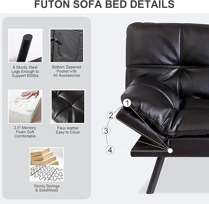 Vipbear Futon Sofa Bed Couch, Space-Saving Loveseat - Image 4
