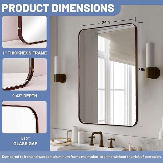 24x36 Inch Brushed Bronze Bathroom Mirror - Image 8