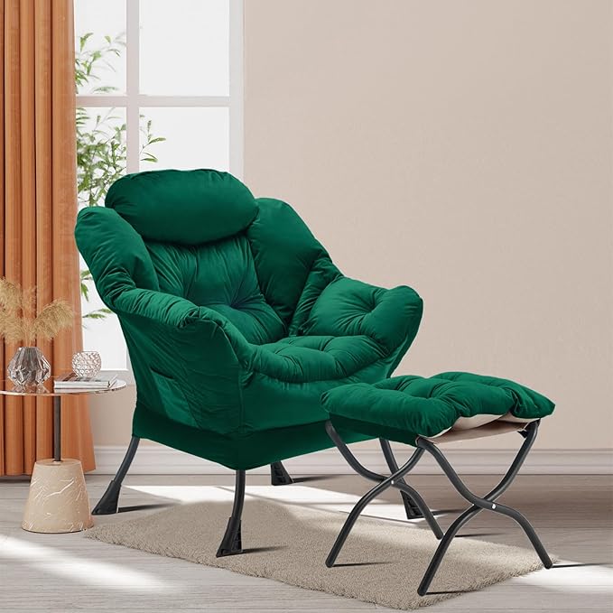 Lazy Chair with Folding Ottoman, Accent Chair Velvet Upholstered with Metal - Image 2