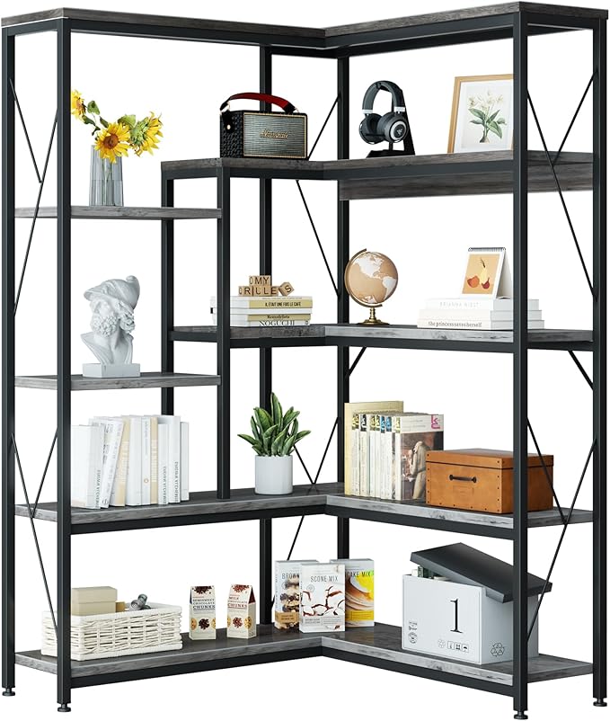 Shintenchi 5 Tiers Corner Bookshelf, 70.86" Tall L-Shaped Bookcase, Large by Shintenchi