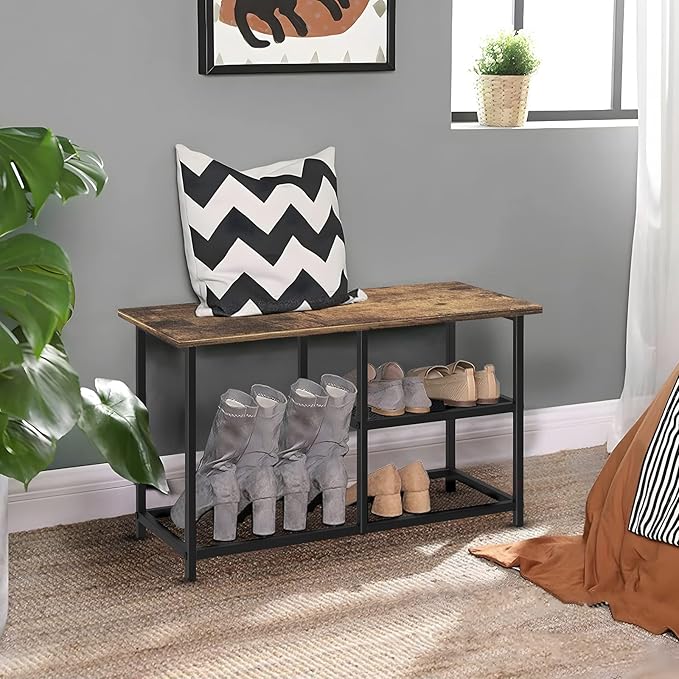 Rustic Wood Bench with 3-Tier Shoe Rack - Image 6