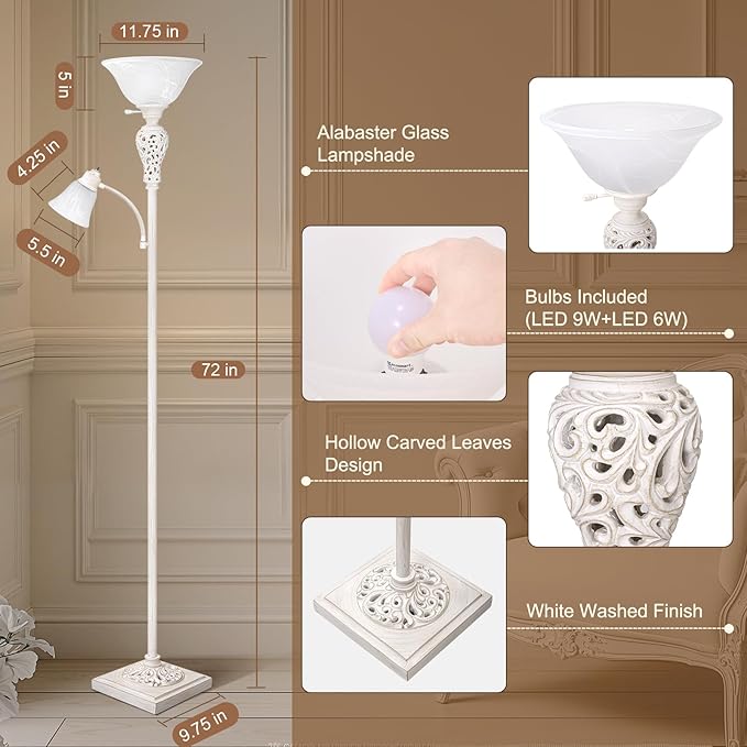 Torchiere Floor Lamp with Adjustable Reading Light, Farmhouse Standing Lamp - Image 2