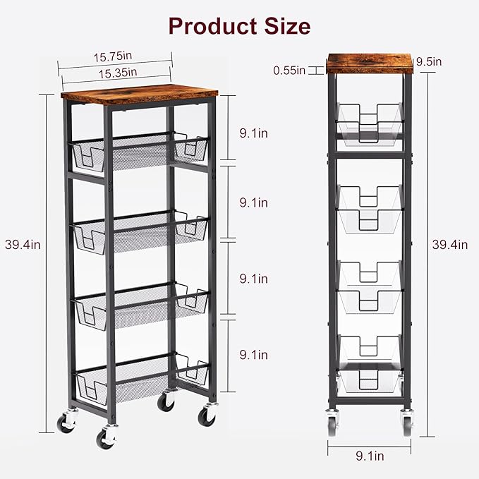 Slim Rolling Cart, 5-Tier Storage Cart, 9.1inch Narrow Kitchen Rolling Cart on - Image 4