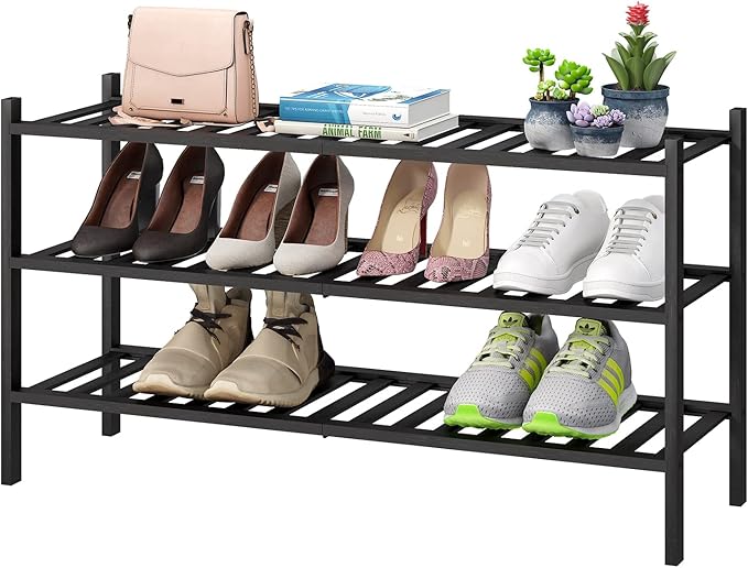 3-Tier Long Black Shoe Rack, Bamboo Wood Shoe Rack by VIEWCARE