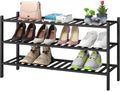 3-Tier Long Black Shoe Rack, Bamboo Wood Shoe Rack by VIEWCARE
