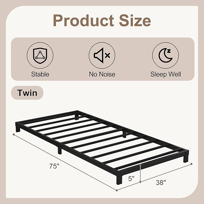 5 Inch Low Bed Frame Twin, Heavy Duty Twin Bed Frames Low Profile, No Box - Image 2